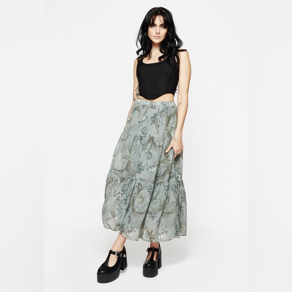 Disturbia Sapphira Dragon Print Chiffon Tiered Maxi Skirt US 6 / UK 10
